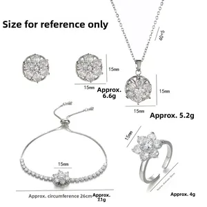 Conjunto de joyas de flores plateadas con pendientes, collar y anillo de circonita