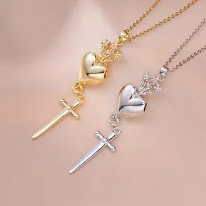 Heart Sword Pendant Necklace Titanium Steel Gothic Vintage Dagger Crown Star Rhinestone Necklaces For Women Punk Jewelry