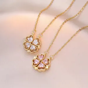Magnetische Faltbare Kleeblatt Herz Anhänger Halskette Titanstahl Zirkonia Vergoldet Schmuck Für Damen Elegant