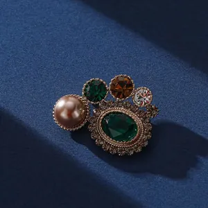 Broche Vintage Pour Femme Élégante Alliage Vert Émeraude Cristal Champagne Künstliche Perle Strass Palais Rétro Bijou Épingle