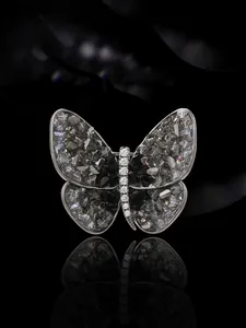 Macro-detail van de elegante kristallen vlinderbroche met grijze kristallen op zwart