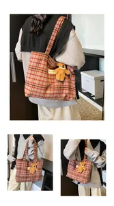 Detailed texture of a red plaid tote bag featuring a cute brown plush bear charm