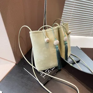 Petit Sac Bandoulière Téléphone Mini Femme Nouveau Style Chinois Cuir PU Boucle Künstliche Perle Gland Fleur Sac à Main Urbain Simple