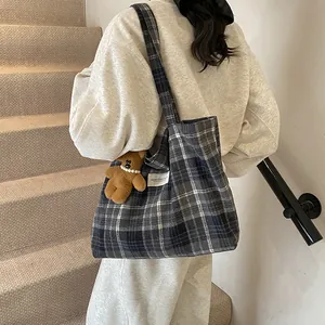 Retro navy plaid wool tote bag with cute bear charm and adjustable shoulder strap