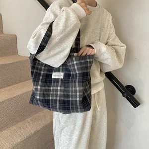 Retro grey plaid woolen tote bag with large capacity for commuting and campus style