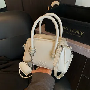 Retro Women Glossy PU Leather Boston Handbag With Heart Pendant Crossbody Shoulder Bag Embossed Letter Small Pillow Bag