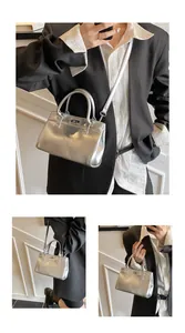 Vue détaillée du mini sac argenté avec surface polie et boucle en métal argenté
