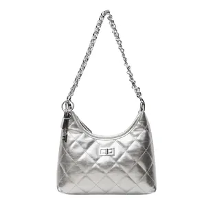 Chic silver quilted leather hobo bag with chain strap and metallic padlock detail