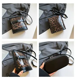 Multi-angle details of leopard print bucket bag with black leather strap and buckle trim