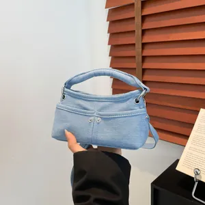 Women's Mini Canvas Shoulder Bag Y2K Retro Denim Handbag Adjustable Strap Rivet Casual Square Crossbody Bag Fashion Tote