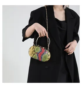 Détail d'une pochette motif serpent multicolore avec poignée ronde dorée et chaîne