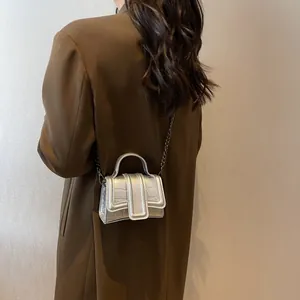 Mini silver crocodile textured crossbody bag with chain strap and top handle style