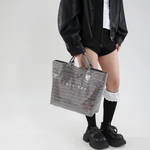 Gray crocodile pattern tote bag with TOTE BAG print for elegant daily commuting
