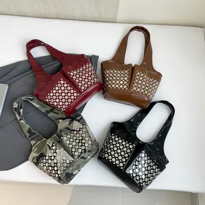 Chic rivet studded tote bags set in four colors including burgundy and camo print
