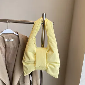 Women Puffer Bow Shaped Underarm Bag Fashion Quilted Cotton Filled Shoulder Bag Soft Casual Handbag For Daily Party