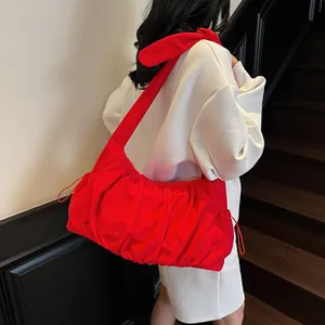 Chic red pleated shoulder bag for women, large capacity stylish nylon crossbody handbag