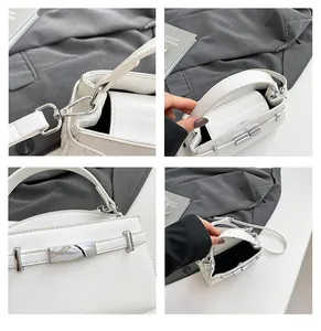 Detailed views of white lychee texture handbag showing silver hardware and inner space