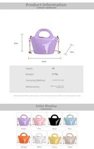 Detailed chart showing glossy PU jelly handbag dimensions and eight vibrant color options