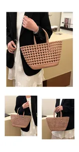 Detail of nude pink woven jelly tote bag showing hollow diamond grid pattern and handle