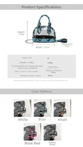 Détails du mini sac à motif serpent avec tableau des dimensions et spécifications