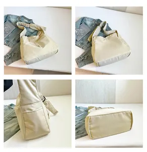 Detailed four-view display of beige nylon tote bag with drawstring and adjustable strap