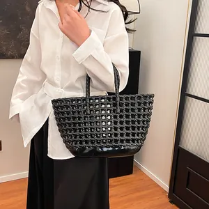 Fashionable black macaron jelly tote bag with hollow woven design for women