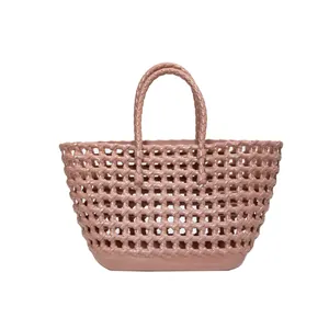 Fashionable nude pink woven jelly tote bag with cutout macaron basket design