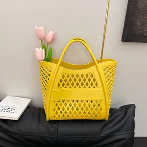 Women's Hollow Out PVC Mesh Tote Bag Summer Beach Shopping Handbag Solid Color Large Capacity Travel Casual Basket Fashion Bag