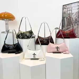 Retro dumpling shoulder bags with metal cross pendants in six different glossy colors