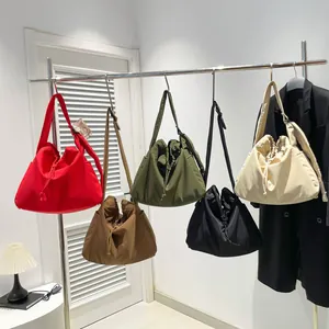 Soft nylon drawstring shoulder bag for women in five colors with large capacity