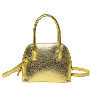Sac à main doré métallisé texture litchi avec bandoulière amovible pour femmes