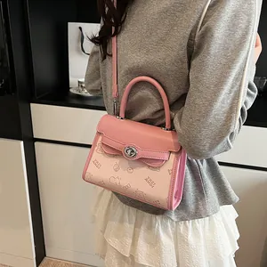 Pink cartoon bear printed mini square handbag with top handle and crossbody strap