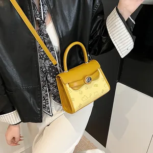 Fashionable cartoon bear print yellow crossbody handbag with top handle for women