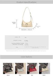 Size chart for the PU leather bag showing dimensions 29x18x8cm and various color options