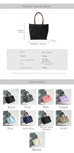 Detailed spec sheet showing dimensions 33x31x12cm for the nylon and PU tote bag