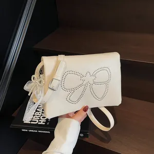 Women Rivet Bow PU Leather Shoulder Bag With Lace Artificial Pearl Pendant Small Square Crossbody Bag Fashion Simple Daily Style Handbag