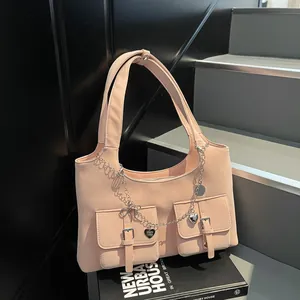Women Large Capacity PU Leather Tote Bag Fashion Sweet Cool Style Shoulder Bag With Heart Chain Charms Double Front Pockets Casual Commuting Bag