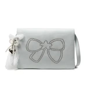 Minimalist light blue bow crossbody bag with silver rivets and pearl heart pendant