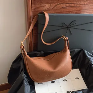 Sac Demi-Lune Mode Femme Grande Capacité en Cuir PU Grain Litchi Sac à Épaule Bandoulière Hobo Simple Banlieusard Sac sous le bras Vintage