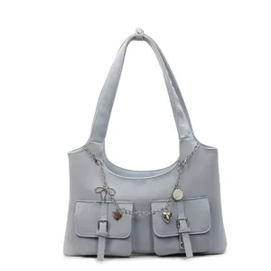 Minimalist light blue PU shoulder bag with dual handles and silver decorative chain