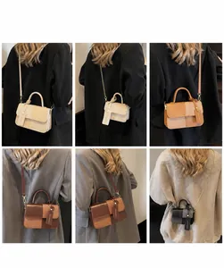 Collage of retro contrast color crossbody bags shown on models in various styles