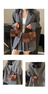 Detailed comparison of mini and small contrast-panel crossbody bags on a grey suit model