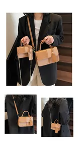 Detail of the contrast color retro crossbody bag set with premium leather texture