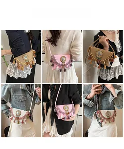 Detailed view of woven bohemian crossbody bag with colorful beads and long tassels decor