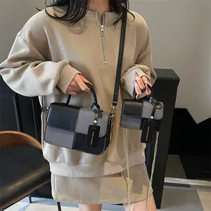 Retro contrast color handbag set with matching mini chain bag and black leather strap