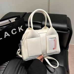 Women Boston Shoulder Bag PU Leather Korean Chic Pillow Handbag Clear ID Window Silver Pink White Black Crossbody Bag Trendy Satchel