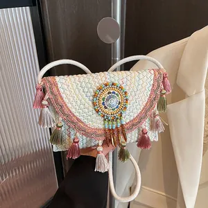 Women Bohemian Woven Crossbody Bag Ethnic Tassel Embroidery Bead Messenger Bag Beach Vacation Shoulder Bag
