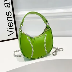 Cute Baseball Stitching Mini Handbag PU Leather Crescent Crossbody Bag With Silver Bead Chain For Women Fashion Decorative Bag