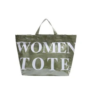 Grande borsa shopper trasparente verde oliva con scritta Women Tote bianca chic