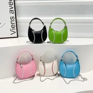 Mini crescent handbags with baseball stitching and silver chain straps in five vibrant colors